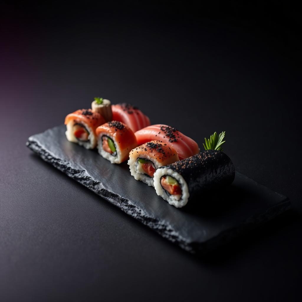 Sushi auf schwarzem Schiefer